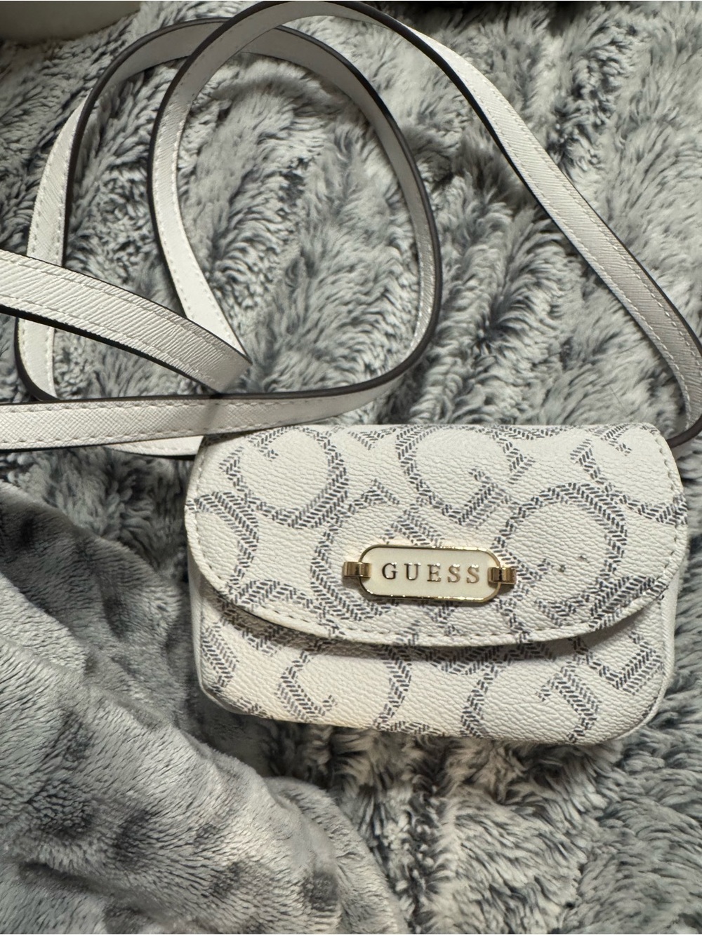 GUESS White and Gray Signature Mini Crossbody with Gold Plaque